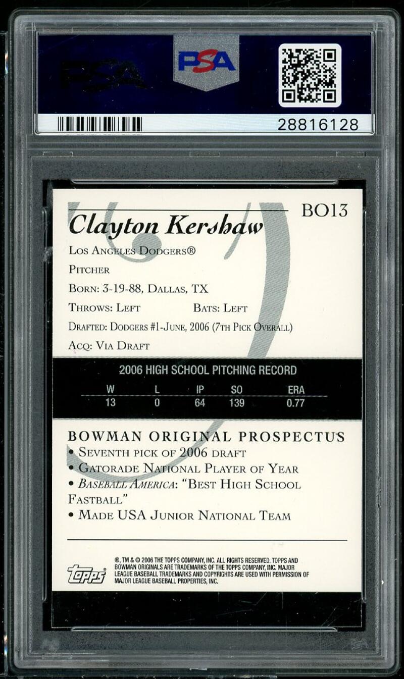 Clayton Kershaw Rookie Card 2006 Bowman Originals Prospects #BO13 PSA 9 Image 2