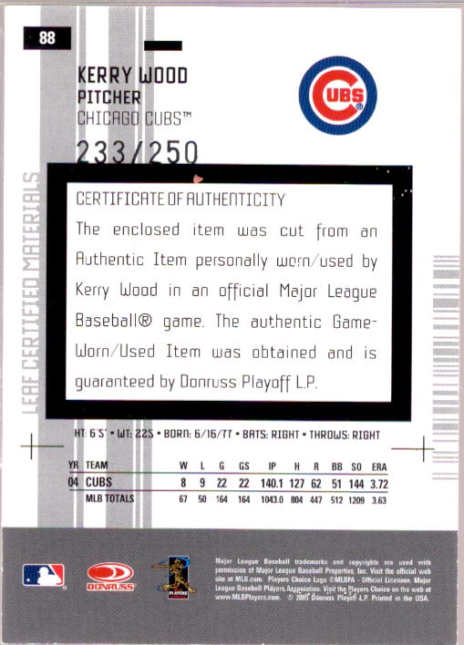 Kerry Wood Card 2005 Leaf Certified Materials Mirror Fabric Red #88  Image 2