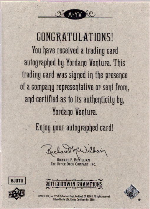 Yordano Ventura Card 2011 Upper Deck Goodwin Champions Autographs #YV  Image 2