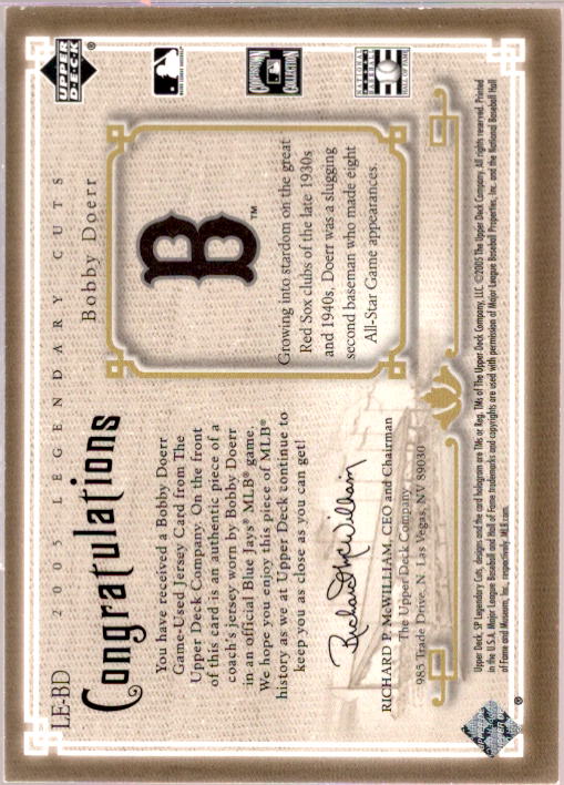 Bobby Doerr Jsy Card 2005 SP Legendary Cuts Legendary Lineage Material #BD  Image 2