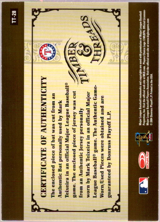 Mark Teixeira Bat-Jsy Card 2005 Donruss Timber and Threads Combo #28  Image 2