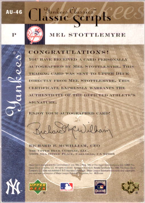 Mel Stottlemyre Card 2004 UD Yankees Classics Scripts #46  Image 2