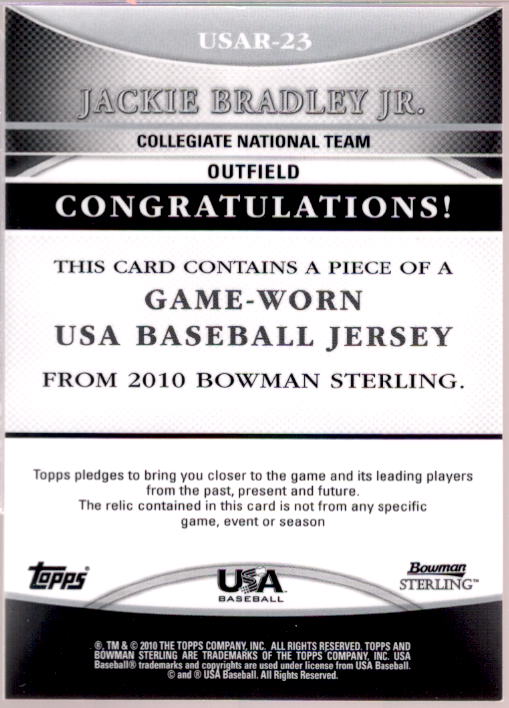 Jackie Bradley Jr. Card 2010 Bowman Sterling USA Baseball Relics #USAR23  Image 2