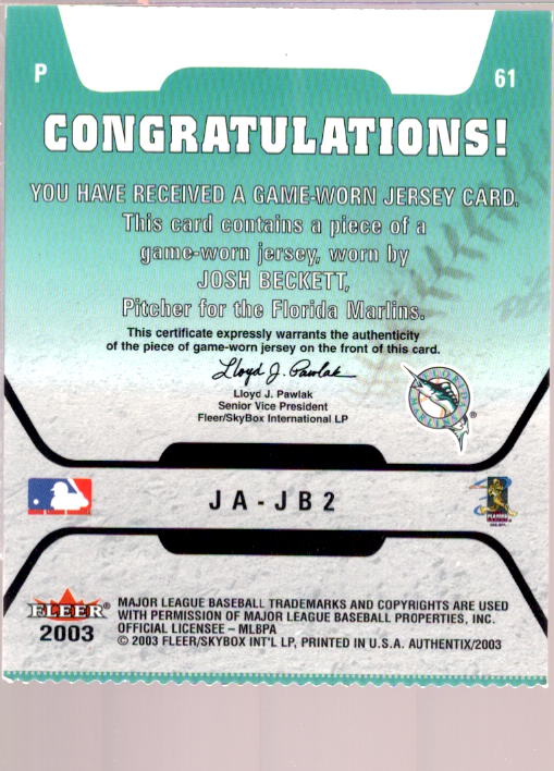 Josh Beckett Card 2003 Fleer Authentix Game Jersey #JB2  Image 2