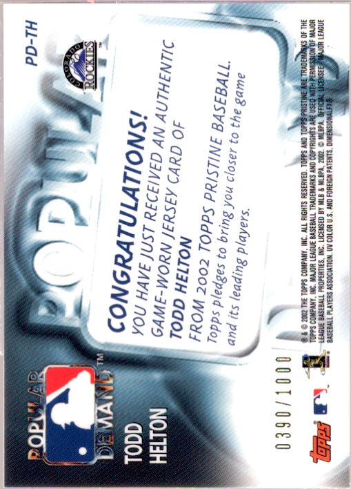 Todd Helton Card 2002 Topps Pristine Popular Demand #TH  Image 2