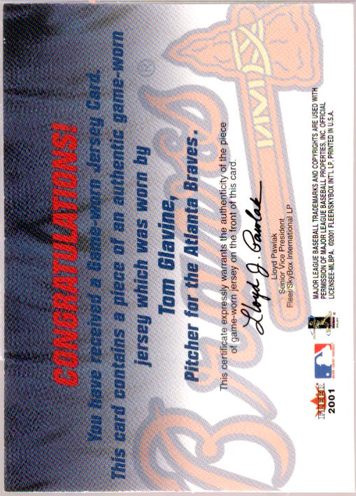 Tom Glavine Card 2001 Fleer Genuine Material Issue #TG2  Image 2