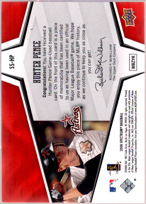 Hunter Pence Card 2008 Upper Deck Spectrum Spectrum Swatches Red #HP  Image 2