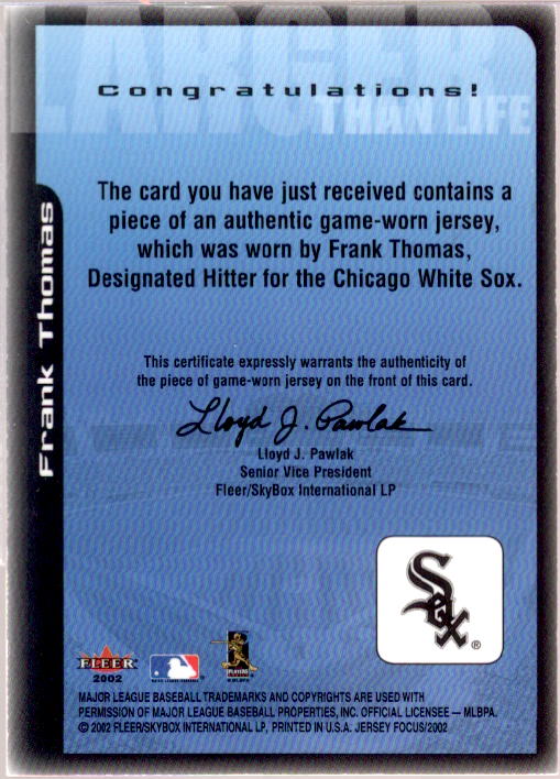 Frank Thomas Jsy Card 2002 Fleer Focus JE Larger than Life Game Used #8  Image 2