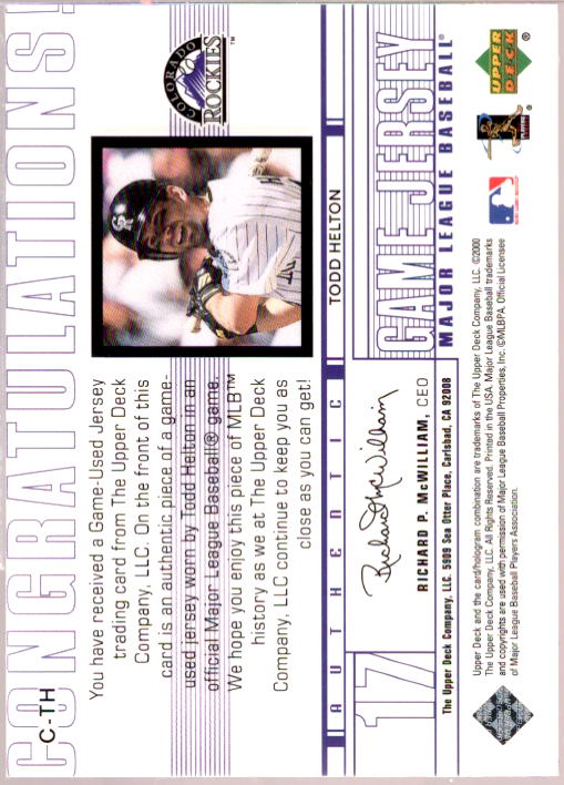 Todd Helton Card 2001 Upper Deck Game Jersey #CTH  Image 2