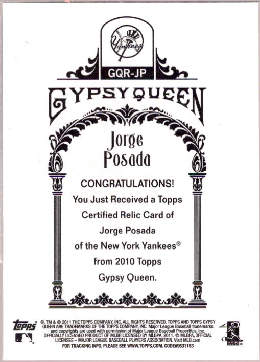 Jorge Posada Card 2011 Topps Gypsy Queen Relics #JP  Image 2