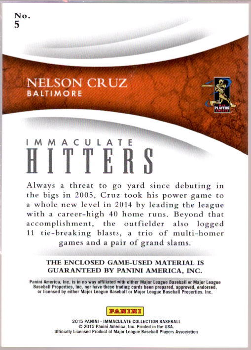 Nelson Cruz Card 2015 Immaculate Collection Immaculate Hitters Materials #5  Image 2