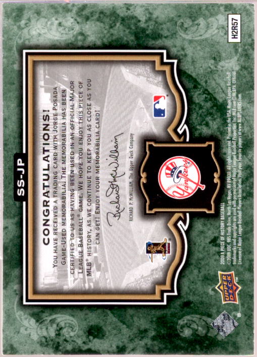 Jorge Posada Card 2009 UD A Piece of History Stadium Scenes Jersey #SSJP  Image 2