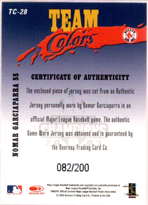 Nomar Garciaparra Baseball Trading Card with Game Used Jersey