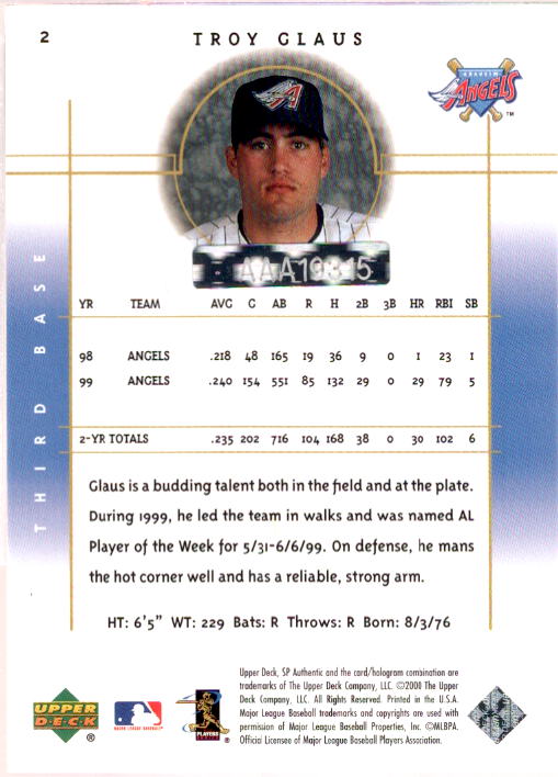 Troy Glaus 240/340 Card 2001 SP Authentic BuyBacks #27  Image 2