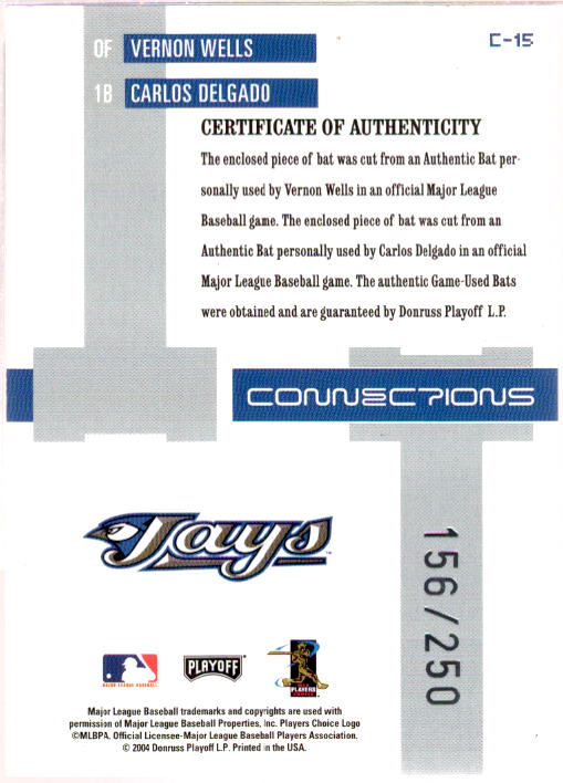 Carlos Delgado Bat/Vernon Wells 2004 Playoff Prestige Connections Material #15  Image 2