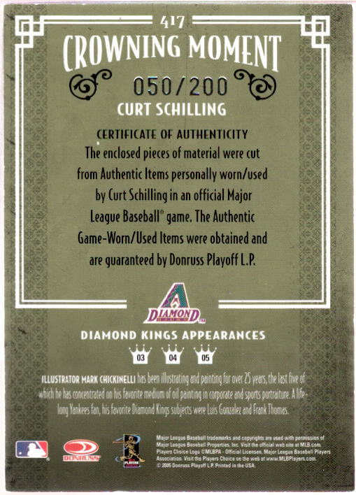 C.Schil D'back Card 2005 Diamond Kings Materials Bronze #417  Image 2