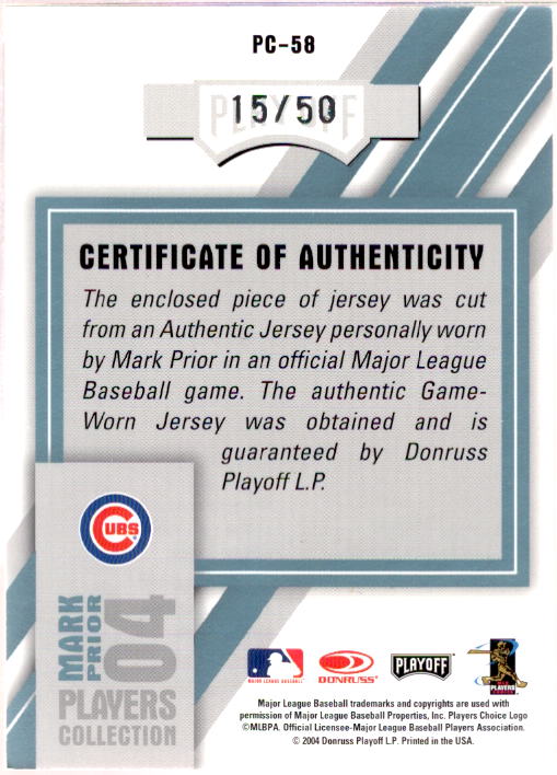 Mark Prior Road Card 2004 Studio Players Collection Jersey Platinum #58  Image 2