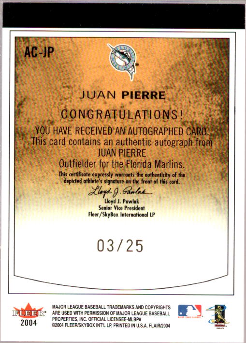 Juan Pierre Card 2004 Flair Autograph Parchment #JP  Image 2