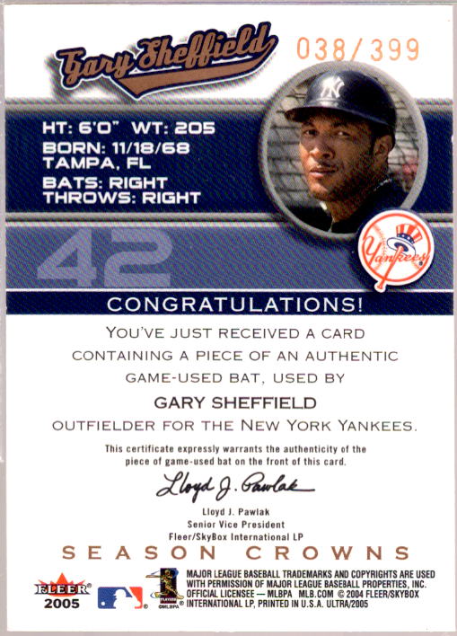 Gary Sheffield Bat Card 2005 Ultra Season Crowns Game Used Copper #42  Image 2