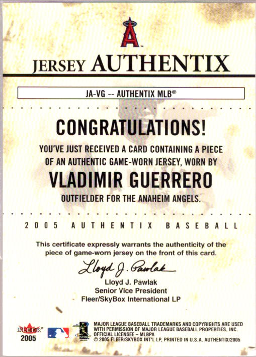 Vladimir Guerrero Card 2005 Fleer Authentix Jersey Mezzanine #VG  Image 2