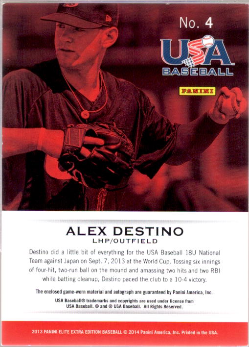 Alex Destino 2013 Elite Extra Edition USA Baseball Game Jersey Signatures #4  Image 2