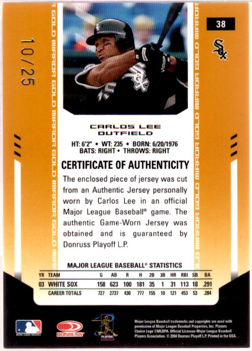 Carlos Lee Card 2004 Leaf Certified Materials Mirror Bat Gold #38  Image 2