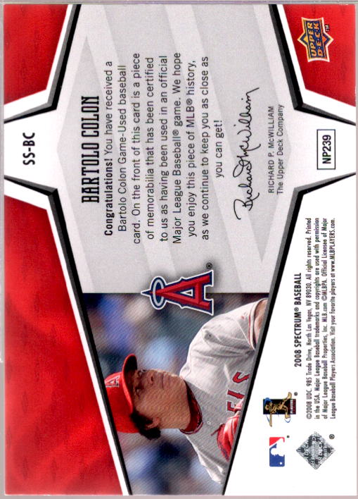 Bartolo Colon Card 2008 Upper Deck Spectrum Spectrum Swatches Red #BC  Image 2