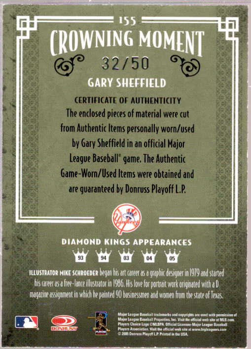 Gary Sheffield Bat-Jsy/50 Card 2005 Diamond Kings Materials Gold #155  Image 2