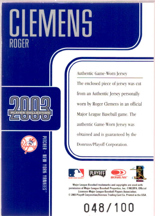 Roger Clemens Leg Kick Jsy 2003 Playoff Piece of the Game Player Collection #17  Image 2