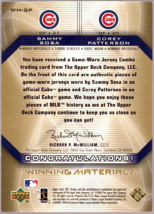 Sammy Sosa/Corey Patterson 2002 SPx Winning Material Player Jersey Combos #WMSP  Image 2