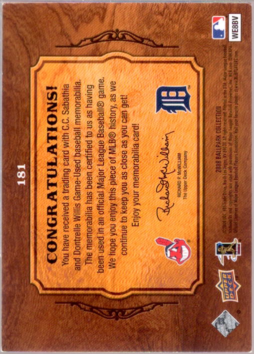 C.C. Sabathia/Dontrelle Willis Card 2008 Upper Deck Ballpark Collection #181  Image 2