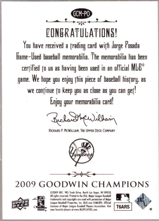 Jorge Posada Card 2009 Upper Deck Goodwin Champions Memorabilia #PO  Image 2