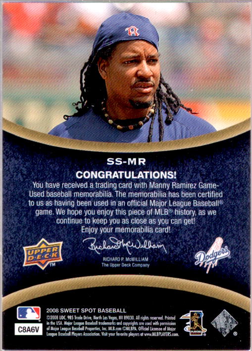 Manny Ramirez Card 2008 Sweet Spot Swatches #SSMR  Image 2