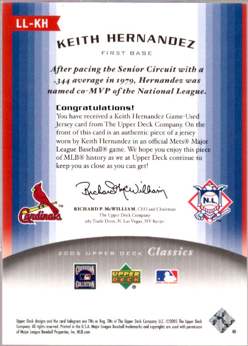 Keith Hernandez Card 2005 Upper Deck Classics League Leaders Materials #KH  Image 2