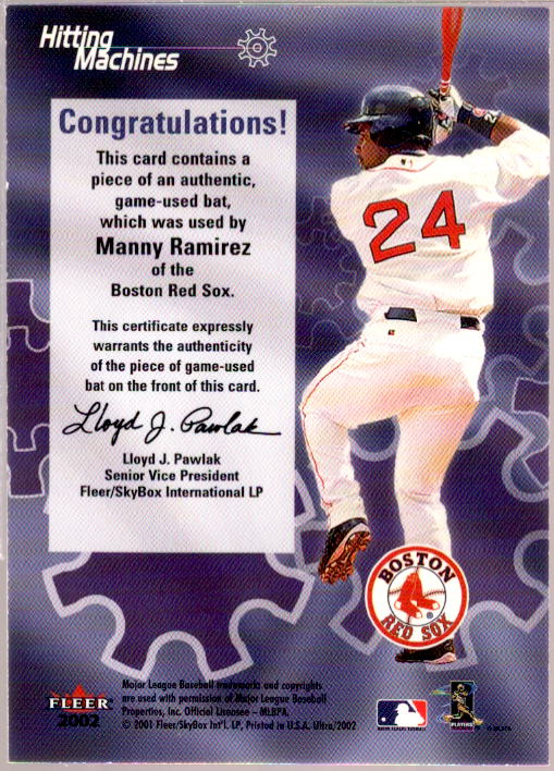 Manny Ramirez Card 2002 Ultra Hitting Machines Game Bat #18  Image 2