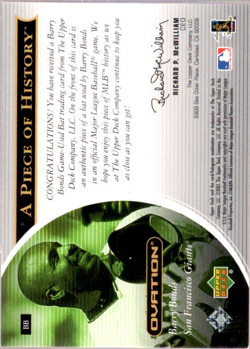 Barry Bonds Card 2001 Upper Deck Ovation A Piece of History #BB  Image 2