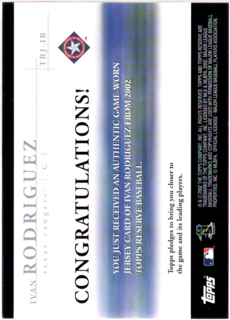 Ivan Rodriguez Card 2002 Topps Reserve Uniform Relics #IR  Image 2