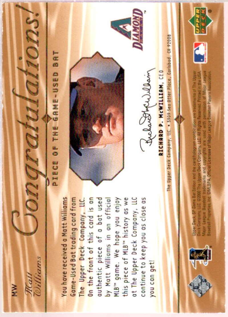 Matt Williams Card 2001 SP Game Bat Edition Piece of the Game #MW  Image 2