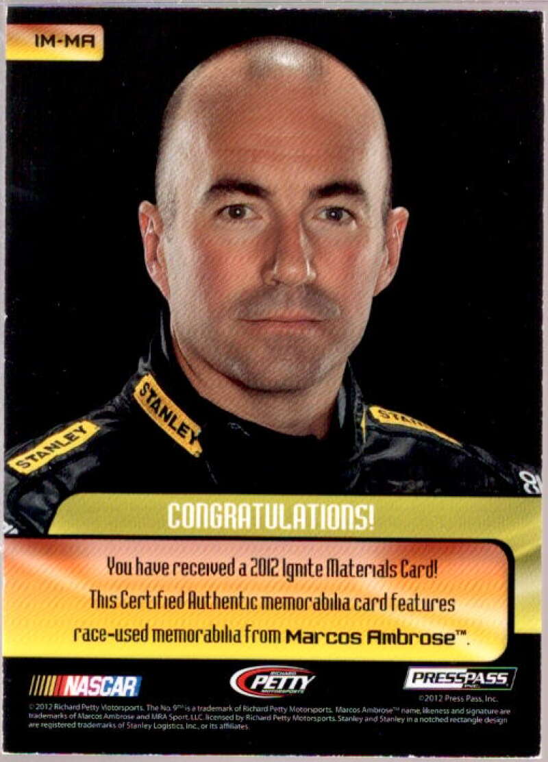 Marcos Ambrose Card 2012 Press Pass Ignite Materials Gun Metal #IMMA  Image 2