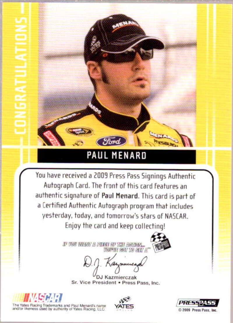 Paul Menard Card 2009 Press Pass Signings Orange #32  Image 2