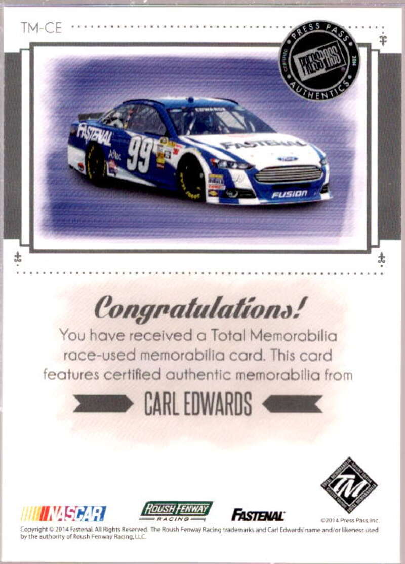 Carl Edwards Card 2014 Total Memorabilia Single Swatch Silver #TMCE  Image 2