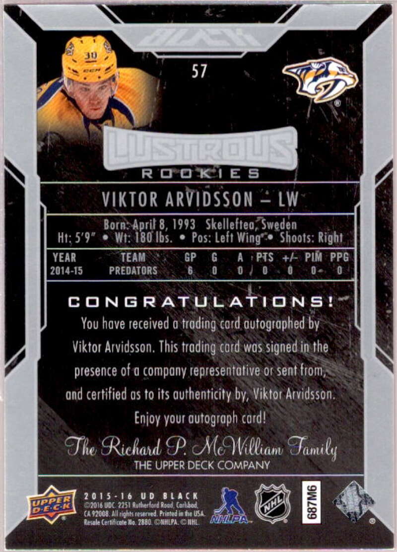 Viktor Arvidsson AU/299 RC Card 2015-16 UD Black #57  Image 2