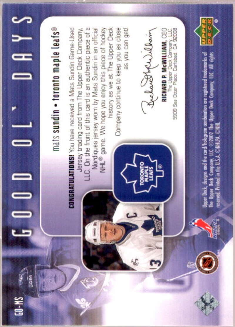 Mats Sundin Card 2002-03 Upper Deck Good Old Days Jerseys #GOMS  Image 2