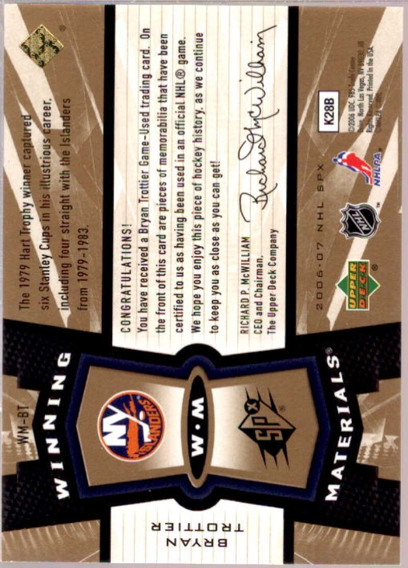 Bryan Trottier Card 2006-07 SPx Winning Materials #WMBT  Image 2