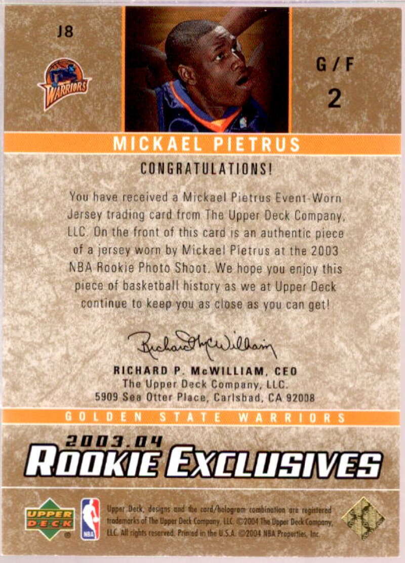 Mickael Pietrus Card 2003-04 Upper Deck Rookie Exclusives Jerseys #J8  Image 2