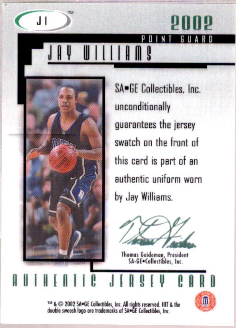 Jay Williams Card 2002 SAGE HIT Authentic Jerseys #J1  Image 2