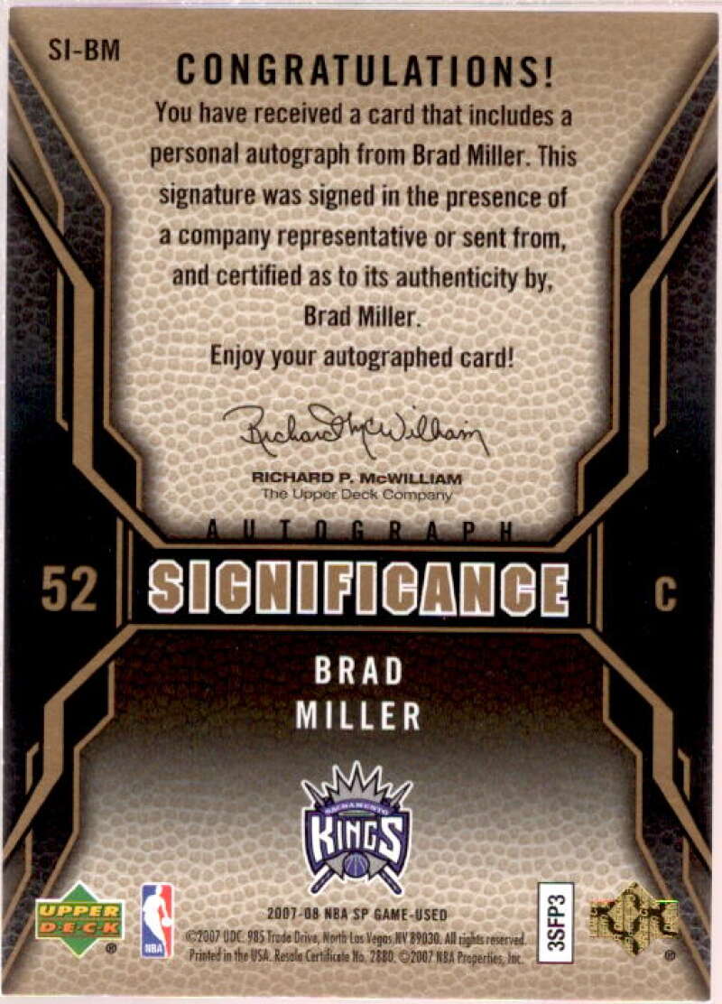 Brad Miller Card 2007-08 SP Game Used SIGnificance #SIBM  Image 2