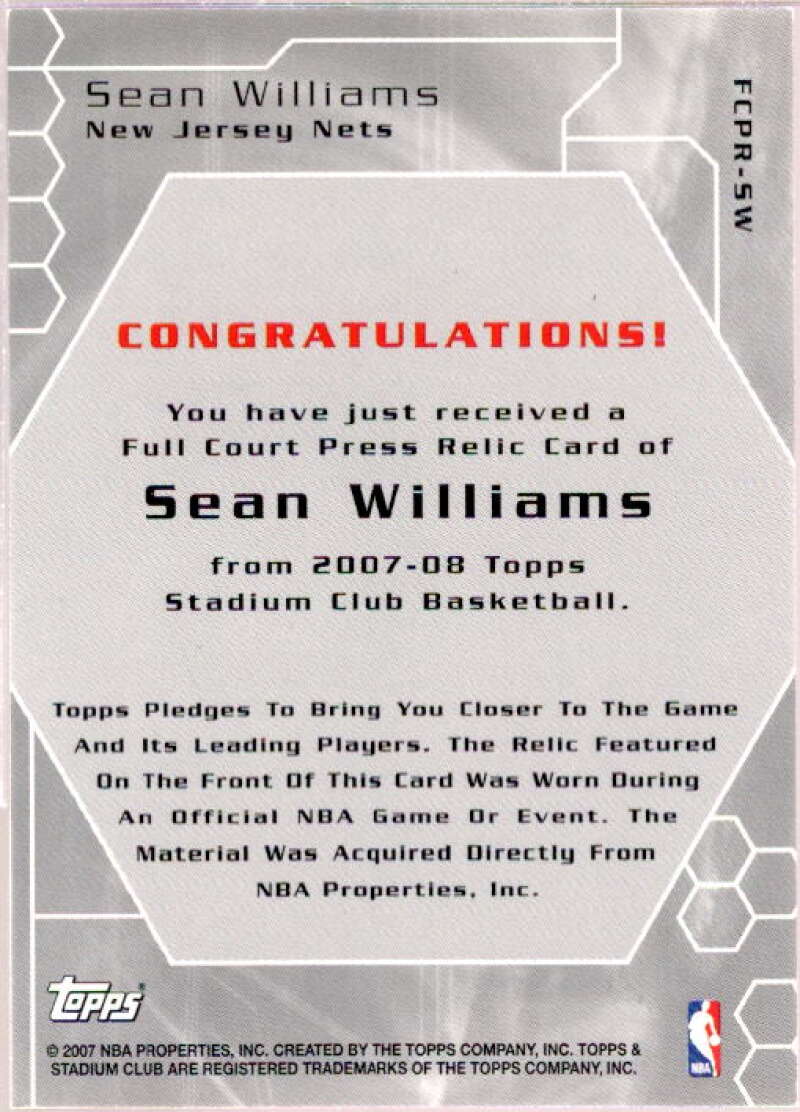 Sean Williams Card 2007-08 Stadium Club Full Court Press Relics #SW  Image 2