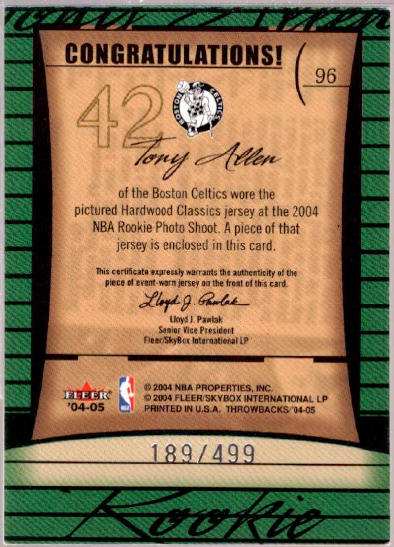 Tony Allen JSY RC Card 2004-05 Fleer Throwbacks #96  Image 2