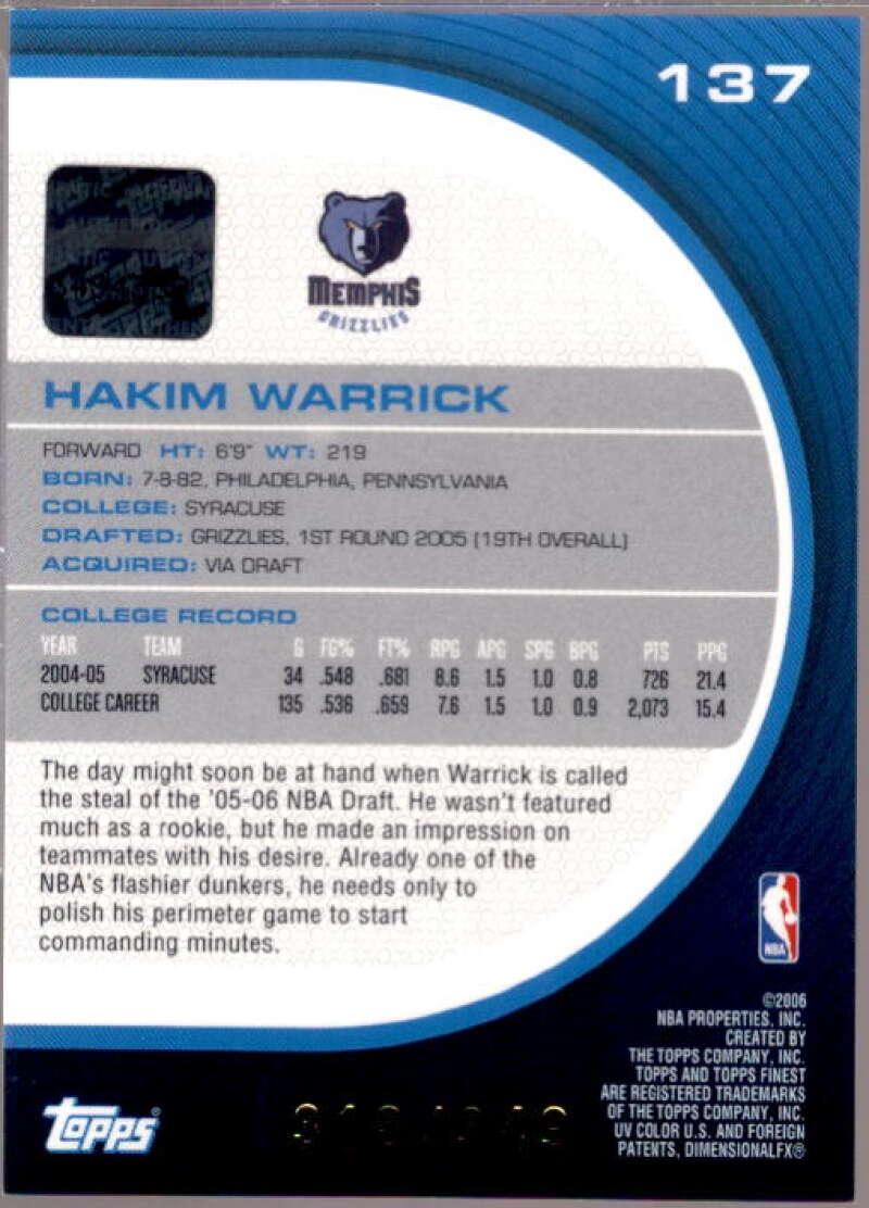 Hakim Warrick AU RC Card 2005-06 Finest #137  Image 2